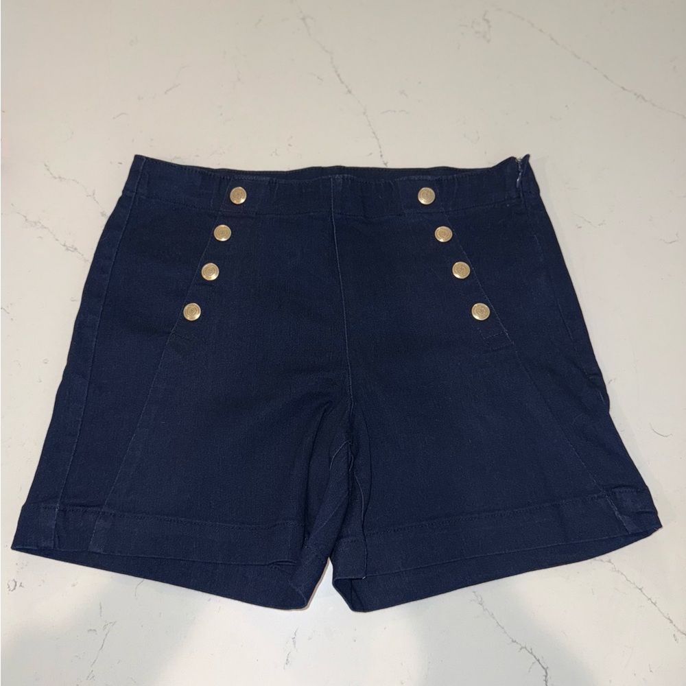 1822 Denim Navy High Waist Shorts with Gold Accents